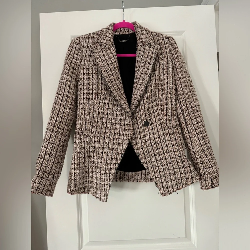 Elie Tahari Jezebel Tweed Frayed Trim Plaid Jacket Size 2 - Picture 5 of 10